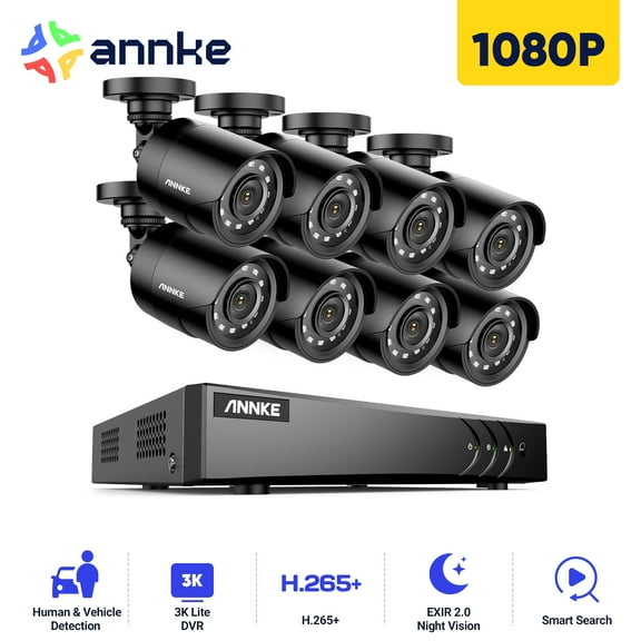ANNKE H.265+ Wired Security Camera System, 8pcs 2MP Surveillance Weatherproof Bullet Cameras and 3K AI 5in1 DVR with Human/Vehicle Detection, 100ft IR Night Vision, No HDD, Remote Acce, Security Kit