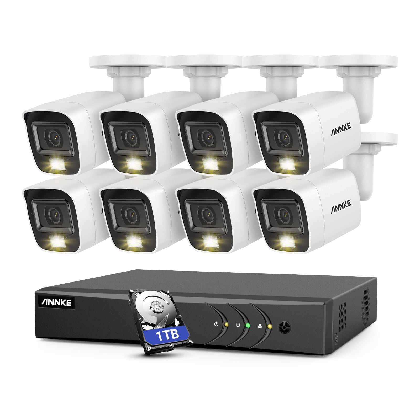 ANNKE 8CH H.265+ 2MP Home Wired Camera Security System with Audio, 3K Lite AI DVR and 8X1080P IP67 Weatherproof Cameras, 1TB HDD, Intelligent Dual Lamp，Human/Vehicle Detection, 100ft Color Night Visi