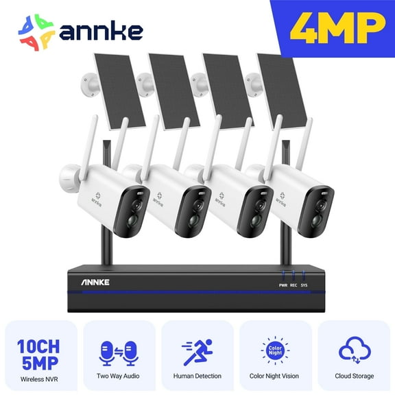 ANNKE Long Range Wire-Free Solar Home Security Camera System Wireless, 4PCS 4MP Dual Light Camera Kit with 5MP 8CH NVR, with Solar Panel,IP65 Waterproof,Color Night Vision,AI Motion Human Detection,2