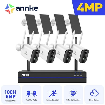 ANNKE Long Range Wire-Free Solar Home Security Camera System Wireless, 4PCS 4MP Dual Light Camera Kit with 5MP 8CH NVR, with Solar Panel,IP65 Waterproof,Color Night Vision,AI Motion Human Detection,2