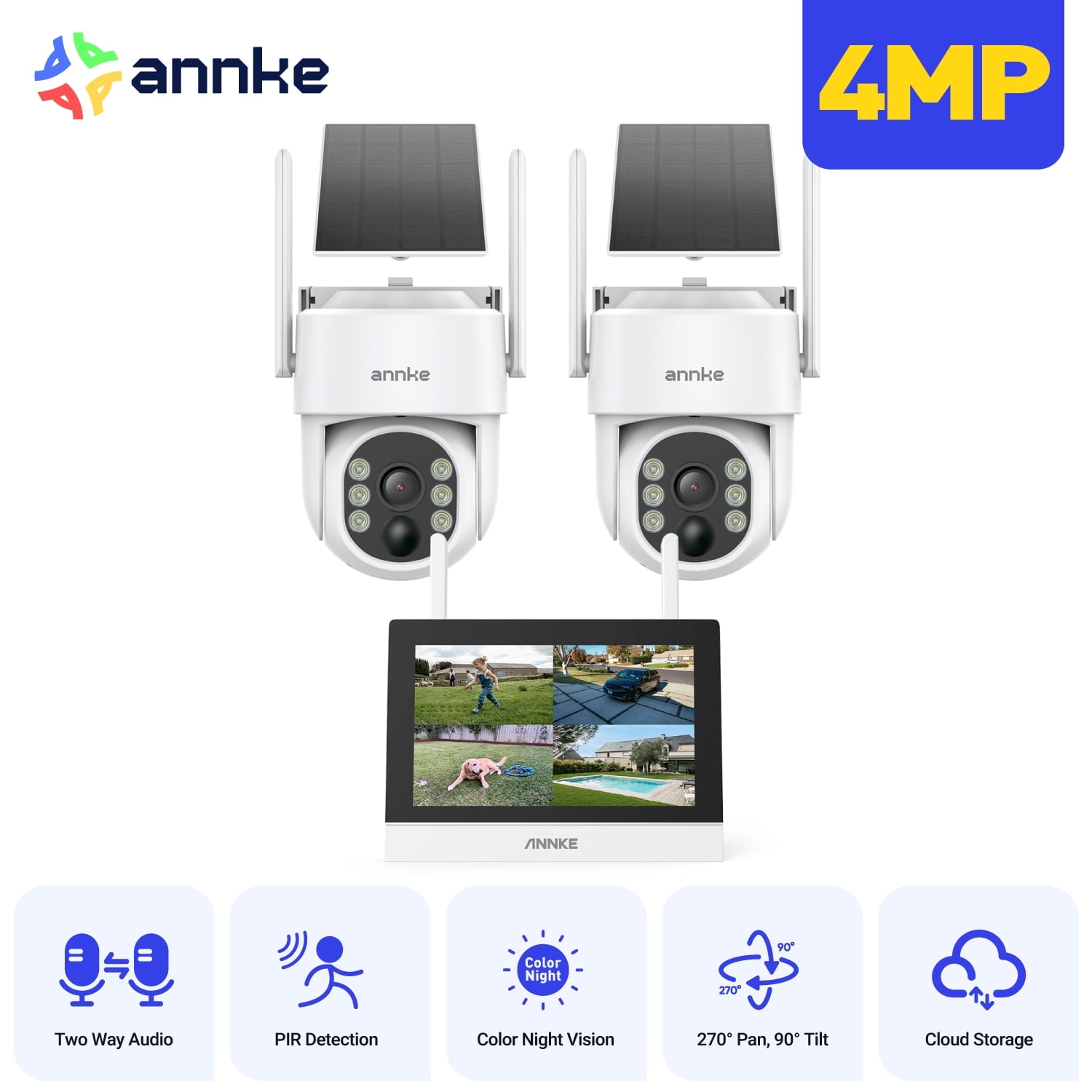 ANNKE PTZ 4MP Wire-Free Outdoor Camera System, 7-Inch Monitor, 2 Cameras, Pan-Tilt, Two-Way Audio, Night Vision