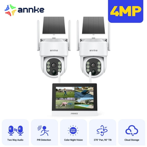 ANNKE PTZ Security Cameras Wireless Outdoor Solar Powered with 7 inch Monitor, 4MP 2K Wirefree Security Camera System with 2 Cameras Pan Tile View Two Way Audio Colar Night Vision