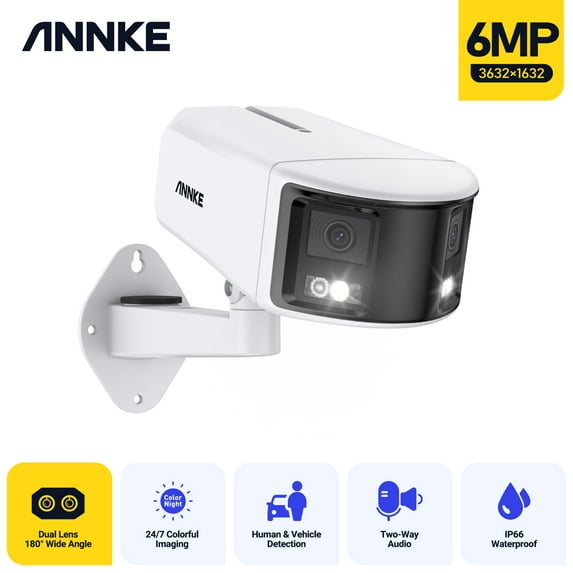 ANNKE Panoramic Outdoor PoE Dual Lens Security Camera, 6MP Resolution, 180° Ultra Wide Angle,Color Night Vision & Infrared Night Vision, Built-in Mic, Active Siren & Alarm, Human & Vehicle Detection