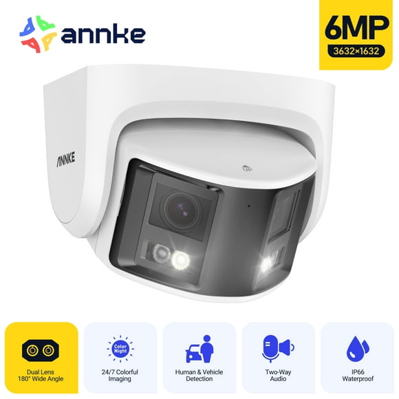 ANNKE PoE Security Camera Outdoor with Dual Lens 180° Filed of View, 6MP IP Surveillance Camera Support Color Night Vision, Person/Vehicle Detection, Two-Way Talk, Built-in SD Card Slot