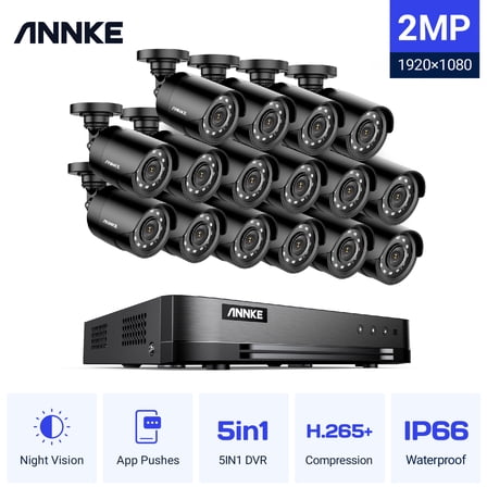 ANNKE Surveillance Camera System,16 Channel 5-in-1 DVR with 10pcs Wired 1080p HD Indoor Outdoor Cameras with IR Night Vision