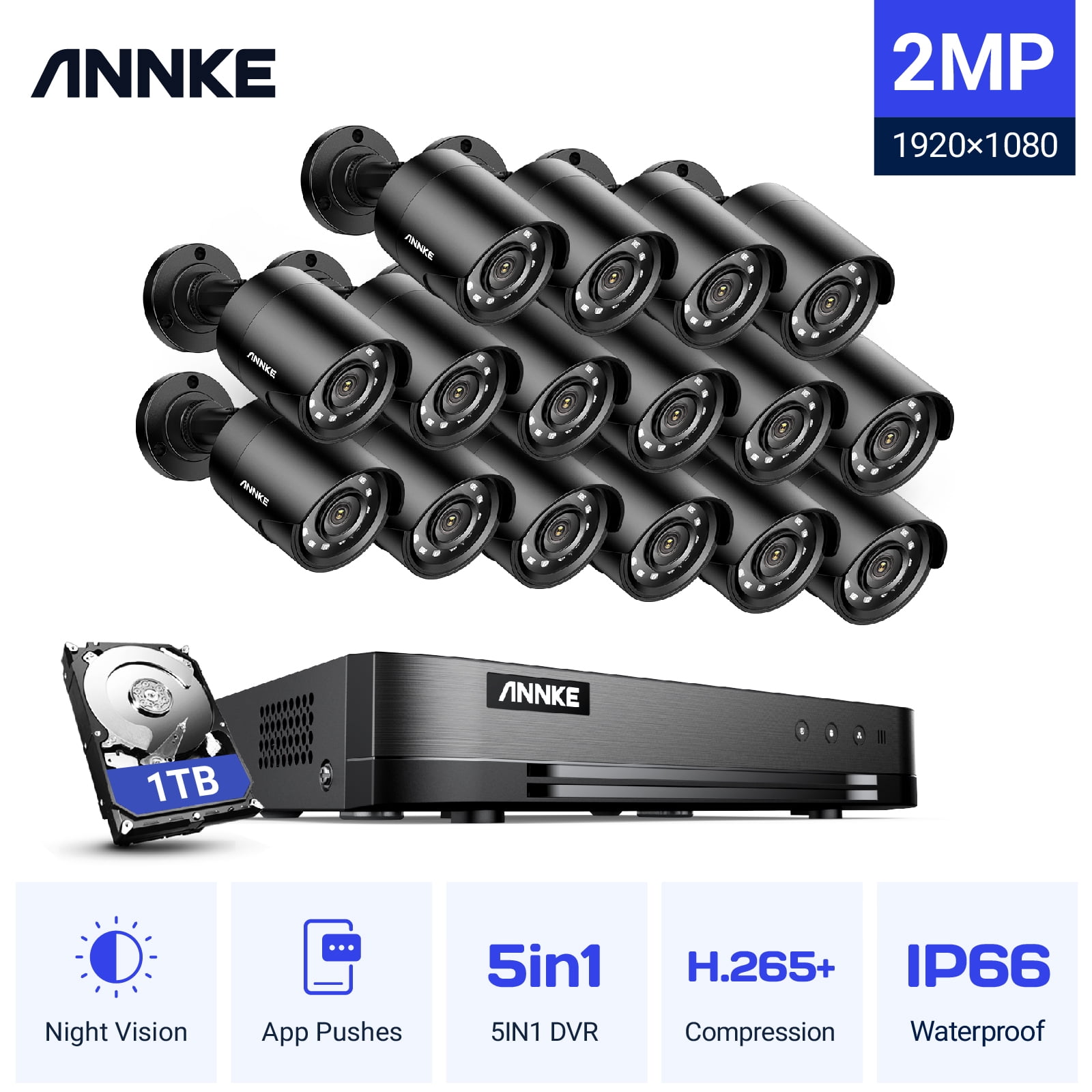 ANNKE Surveillance Camera System,16 Channel 5-in-1 DVR with 1TB Hard Drive,10pcs Wired 1080p HD Indoor Outdoor Cameras with IR Night Vision