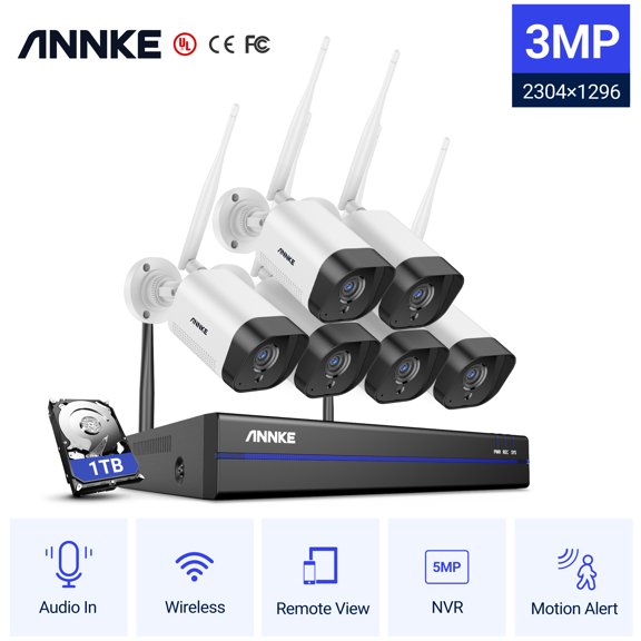 ANNKE WS200 8 Channel 5MP Wireless NVR Security System with 6pcs 3MP HD WiFi IP Cameras 100 ft Night Vision H.264+ Smart Motion Alerts Audio Record AI Human Detection IP66 Waterproof with 1T HDD
