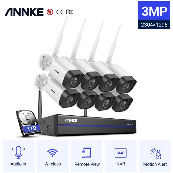 ANNKE WS200 8 Channel 5MP Wireless NVR Security System with 8pcs 3MP HD WiFi IP Cameras 100 ft Night Vision H.264+ Smart Motion Alerts Audio Record AI Human Detection IP66 Waterproof without HDD