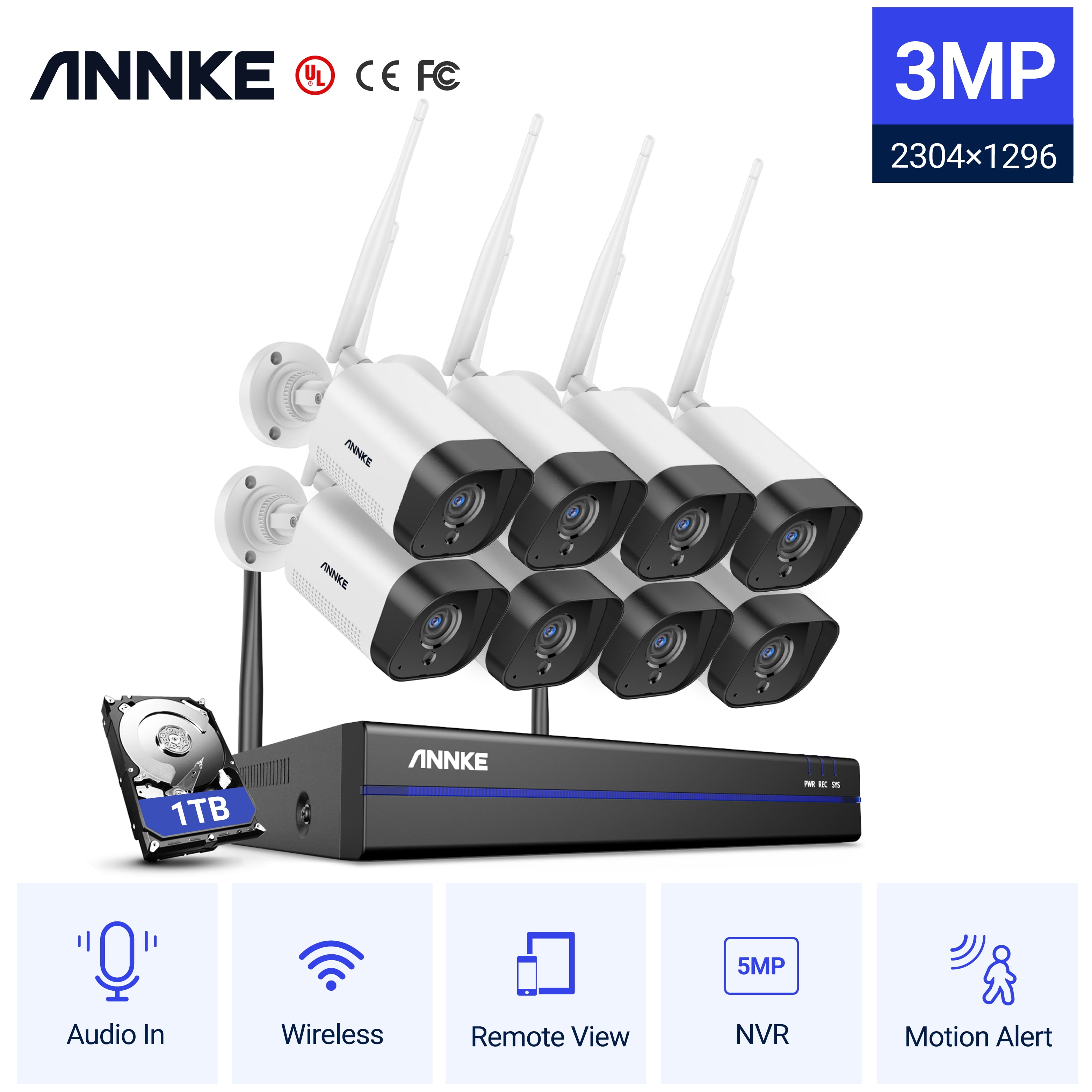 ANNKE WS200 8 Channel 5MP Wireless NVR Security System with 8pcs 3MP HD WiFi IP Cameras 100 ft Night Vision H.264+ Smart Motion Alerts Audio Record AI Human Detection IP66 Waterproof  with 1T HDD