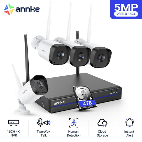 ANNKE Wireless NVR Security System, 16CH 4K NVR with 4 Cam 5MP, 4TB HDD, Outdoor Security Camera, 100ft Night Vision, Remote Access, Human Detection, 24/7 Recording, Dual-Band WiFi