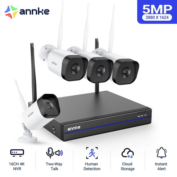 ANNKE Wireless Security Camera System, 4K Expandable 16CH NVR with 4 Cam 5MP, 0TB HDD, Outdoor WiFi Camera, 100ft IR Night Vision, AI Human Detection, Plug-and-Play, 2-Way Audio, IP66 Waterproof