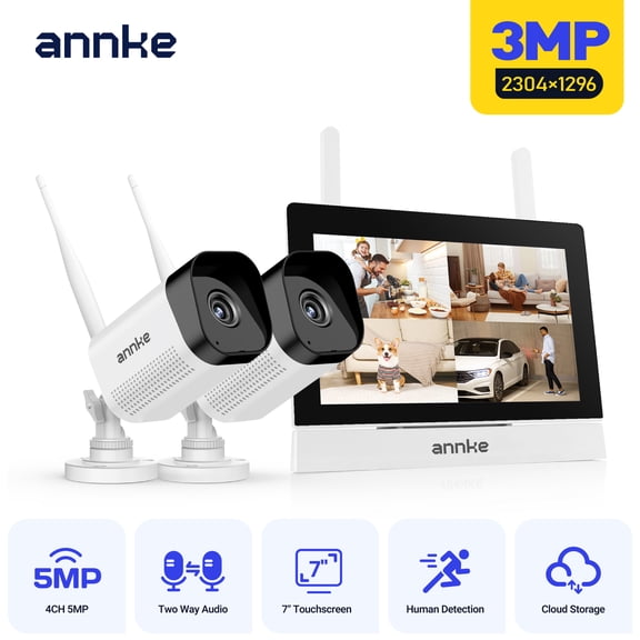 ANNKE Wireless Security Camera System 7 Inch IPS Touch Screen NVR 4Channel 5MP 2PCS 3MP IP Cameras Human Detection TwoWay Audio 30m IR Night Vision Local Cloud Storage