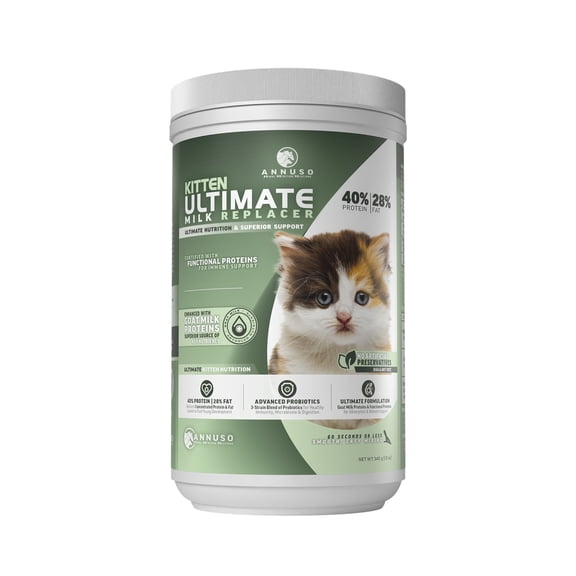 ANNUSO Kitten Ultimate Milk Replacer, 12oz - 40% Protein & 28% Fat - Enhanced with Goat Milk Proteins, Advanced Probiotics Supports Kitty Immunity & Digestion, Easy-Mix Powder