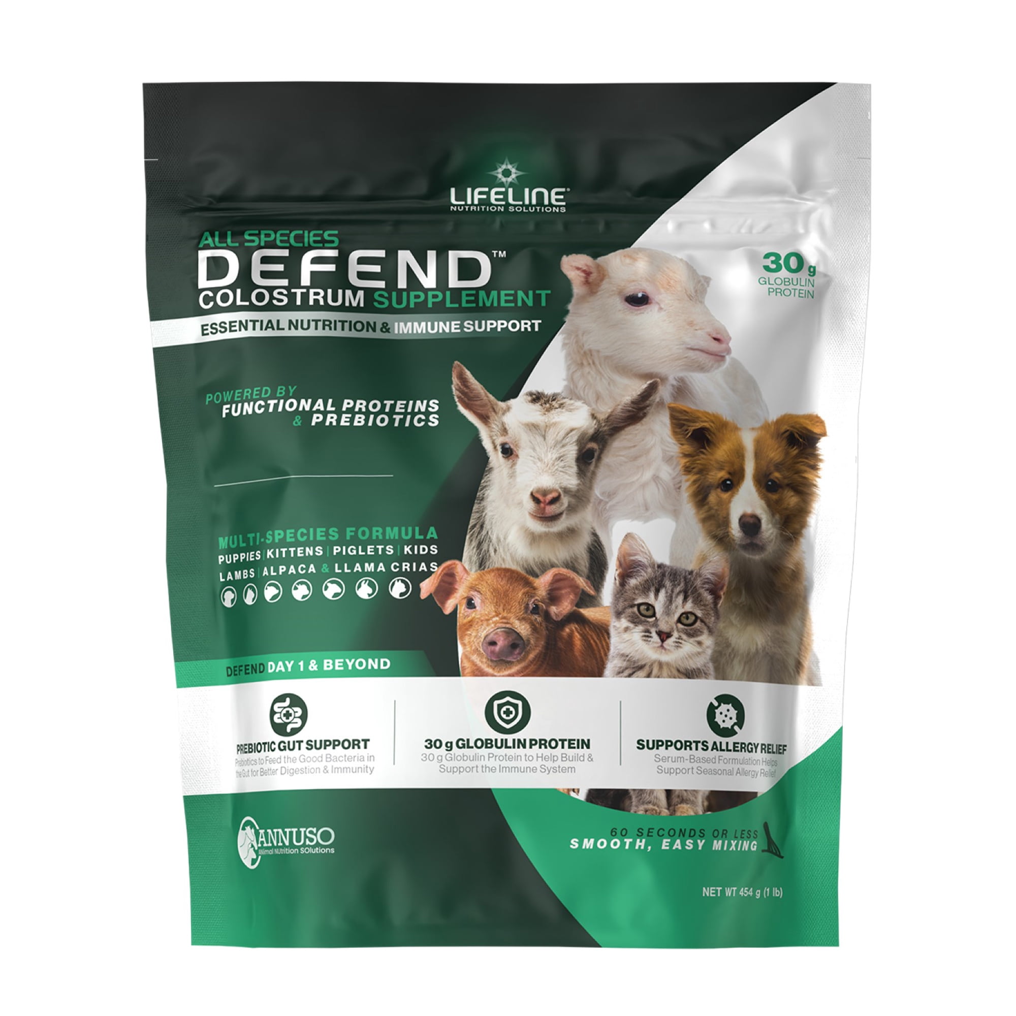 ANNUSO LIFELINE Defend All Species Colostrum Supplement, 1lb Bag - 30g Globulin Protein - Prebiotics, Immune & Gut Support - For Lambs, Kids, Piglets, Puppies, Kittens - Easy Mix Serum-Based Formula