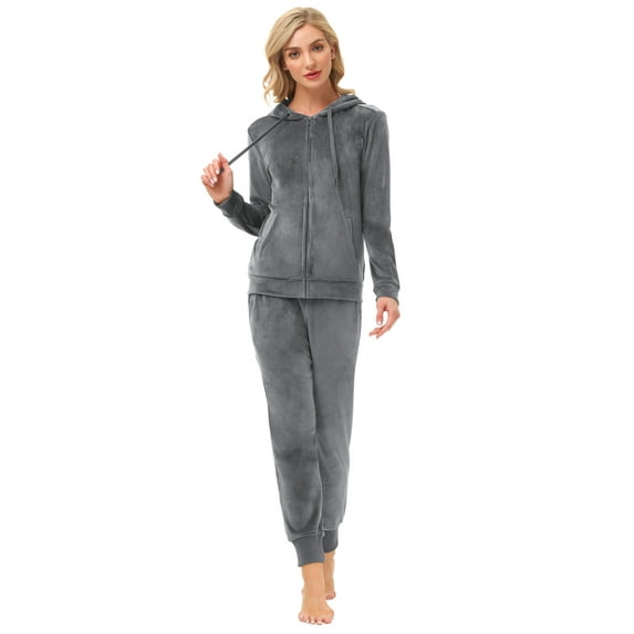 ANOTHER CHOICE Women Velour Tracksuit,Soft Velour Sweatsuit Sets for Women 2 Piece Velvet Jogging Outfit with Pockets (Grey, Small)