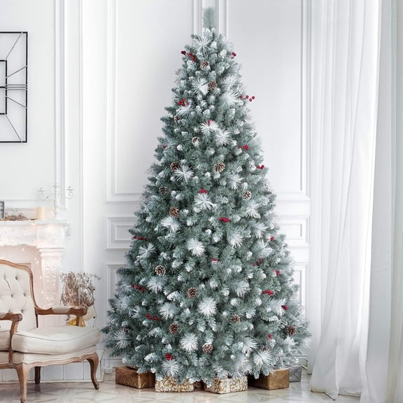 Jostyle 7.5ft Pine Christmas Tree Prelit, Flocked Christmas Tree with 500 Warm Lights, Pinecones &Berries Hinged Artificial Trees Holiday Decor