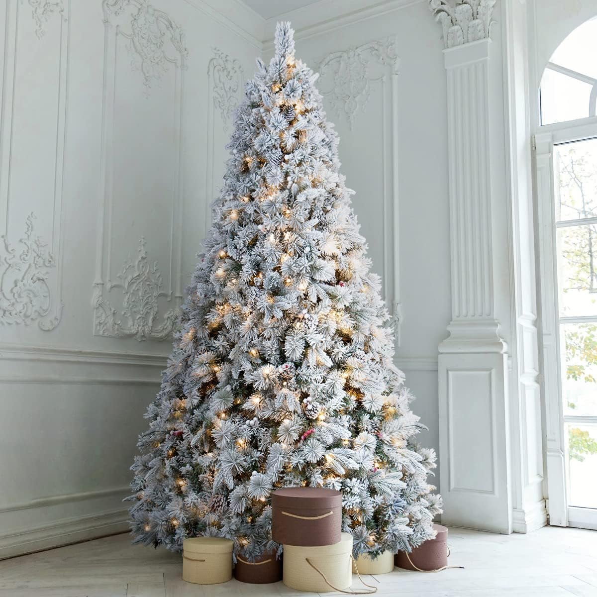 ANOTHERME 9ft Flocked Prelit Christmas Tree - White Christmas Tree with ...