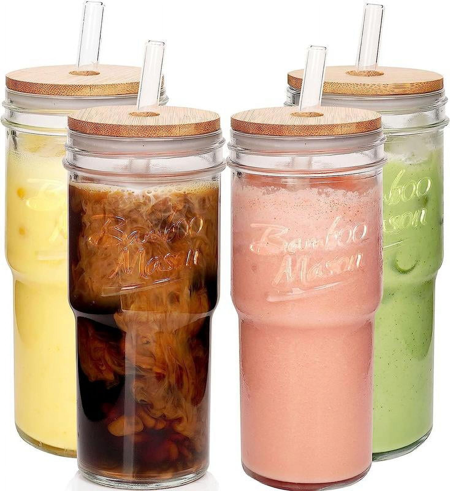 ANOTION Glass Cups with Lids and Straws 4 Packs, 24oz Travel Coffee Mug