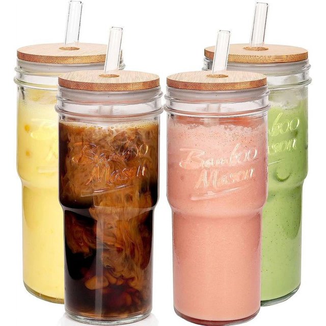 ANOTION Glass Cups with Lids and Straws 4 Packs, 24oz Travel Coffee Mug