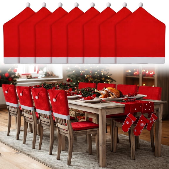 ANPHSIN Velvet Christmas Chair Covers - Santa Hat Chair Back Covers, Red Dining Table Seat Slipcovers Set of 8 for Xmas Holiday Party Banquet Home Decoration Y102
