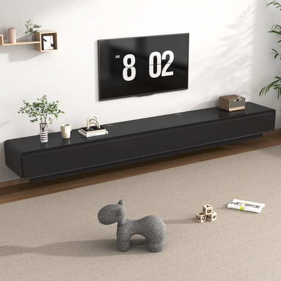 ANPOO 106'' Minimalist Floating TV Stand, Modern Wall-Mounted Media Console with 5 Drawers, Soft Close Hydraulic Cabinets, Round Corner & Cable Management for Wall-mounted TV Up to 110'', Black