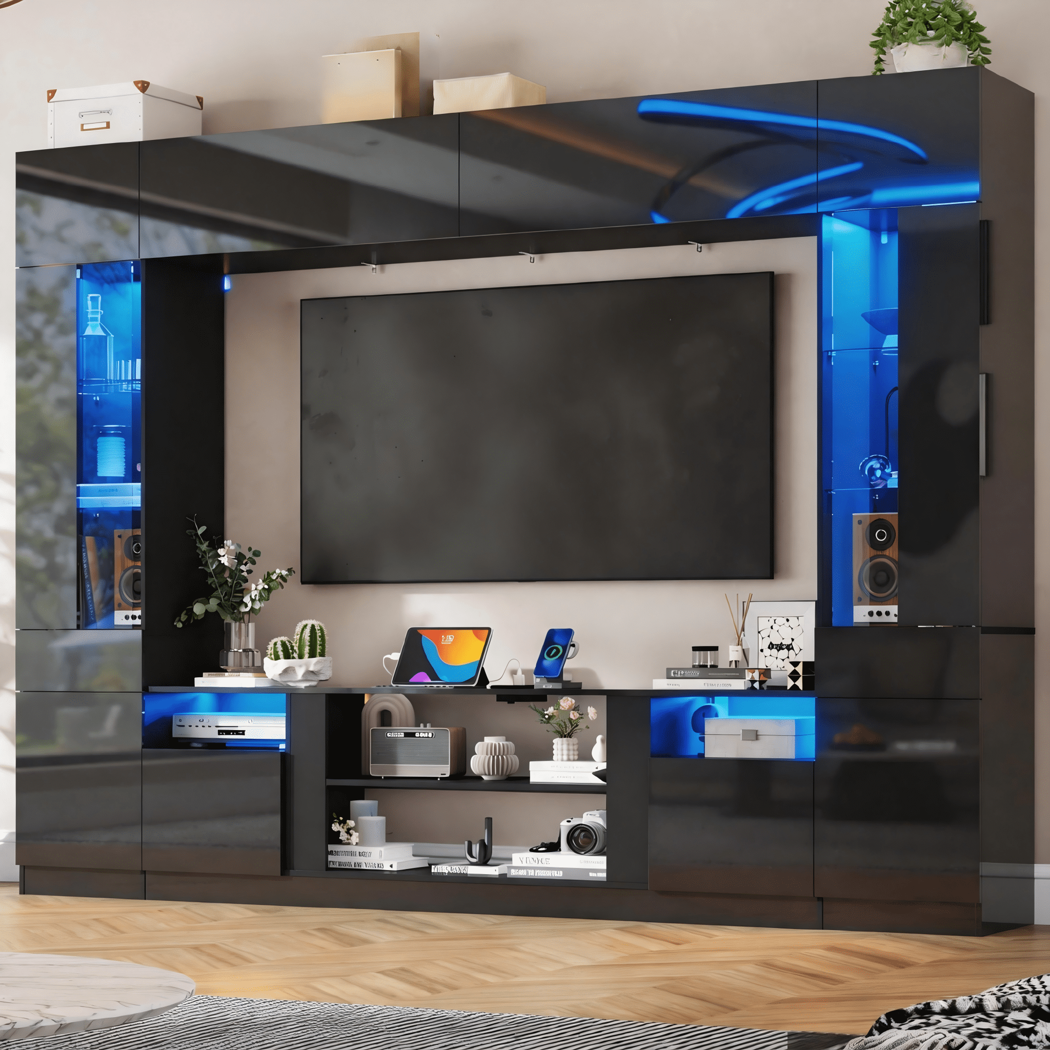 ANPOO 107" Large Wall Unit Entertainment Center with Bookshelves & LED Lights and Storage Shelves, Modern High Glossy TV Stand Media Console Table with Bridge Cabinet for Living Room & Home Theater