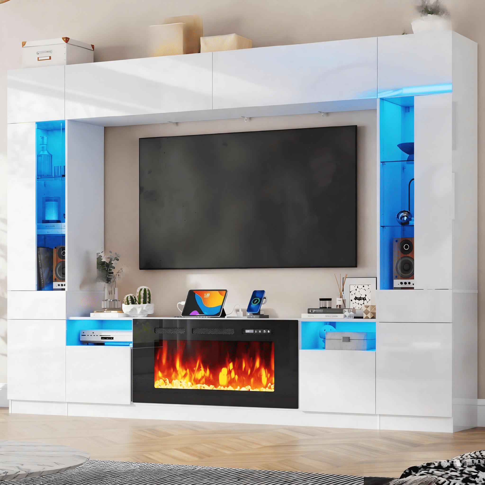 ANPOO 107" Large Wall Unit Entertainment Center with 40" Electric Fireplace, Bookshelves, LED Lights, Modern High Glossy TV Stand Media Console Table with Bridge Cabinet for Living Room & Home Theate