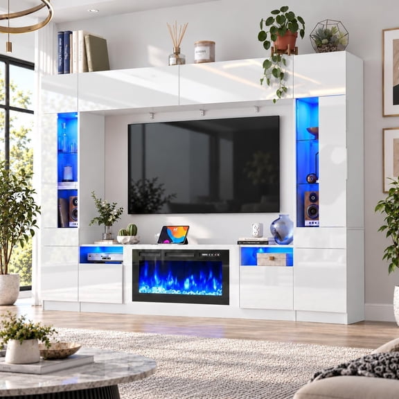 ANPOO 107" Large Wall Unit Entertainment Center with 40" Electric Fireplace, Bookshelves, LED Lights, Modern High Glossy TV Stand Media Console Table with Bridge Cabinet for Living Room & Home Theate