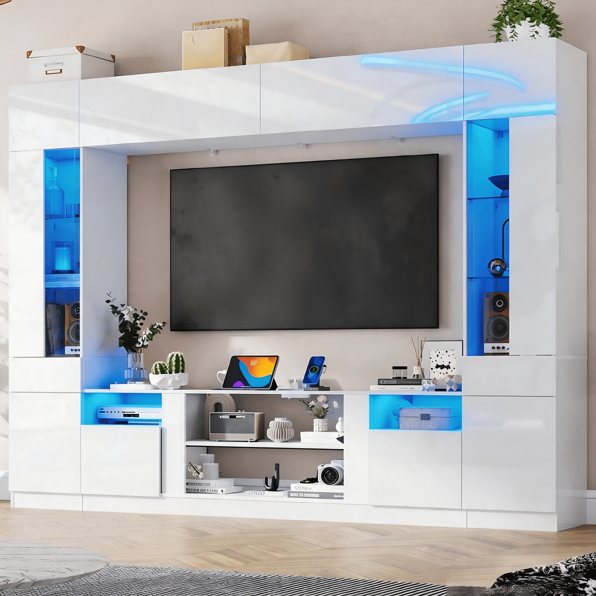 ANPOO 107" Large Wall Unit Entertainment Center with Bookshelves & LED Lights and Storage Shelves, Modern High Glossy TV Stand Media Console Table with Bridge Cabinet for Living Room & Home Theater