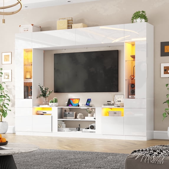 ANPOO 107" Large Wall Unit Entertainment Center with Bookshelves & LED Lights and Storage Shelves, Modern High Glossy TV Stand Media Console Table with Bridge Cabinet for Living Room & Home Theater