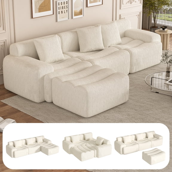 ANPOO 118" Extra Large Couches for Living Room, 30" Oversized Deep Seat Boneless Couches for Living Room with Movable Ottoman, L Shaped Sectional Couches for Living Room, Chenille Sofa, Beige