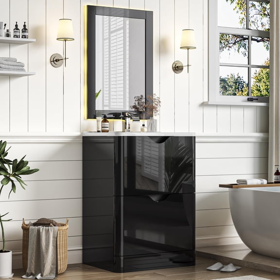 ANPOO 24 Inch High Gloss Bathroom Vanity with Sink, Mirror and Faucet, Freestanding Storage Cabinet with 2 Drawers, Modern Ceramic Sink Vanity Combo