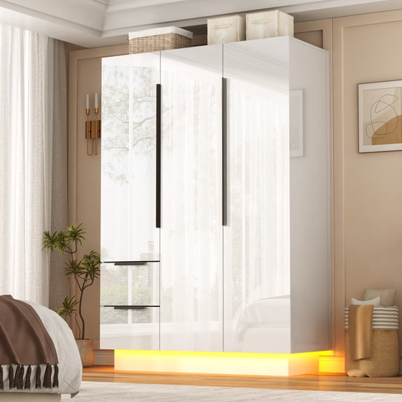 ANPOO 3 Door Wardrobe Closet with 2 Drawers & Mirror, 70"H High Gloss LED Wardrobe Armoire with Hanging Rod, Wooden Large Freestanding Storage Wardrobe for Bedroom, High Gloss White Armoire