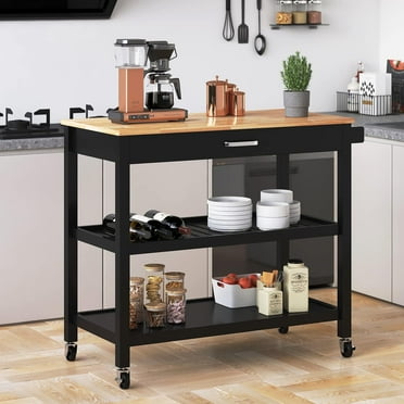 ANPOO 3 Tier Kitchen Island Carts on Wheels with Storage, Mobile Rolling Cart with Large Capacity Storage Drawers, Towel Rack, Rubber wood Top, for Kitchen and Dining Room