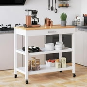 ANPOO 3 Tier Kitchen Island Carts on Wheels with Storage, Mobile Rolling Cart with Large Capacity Storage Drawers, Towel Rack, Rubber wood Top, for Kitchen and Dining Room(White)