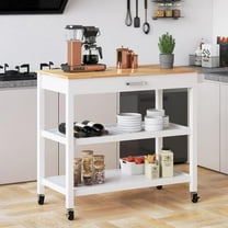 ANPOO 3 Tier Kitchen Island Carts on Wheels with Storage, Mobile Rolling Cart with Large Capacity Storage Drawers, Towel Rack, Rubber wood Top, for Kitchen and Dining Room