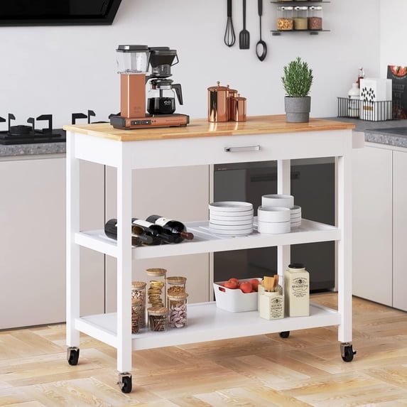 ANPOO 3 Tier Kitchen Island Carts on Wheels with Storage, Mobile Rolling Cart with Large Capacity Storage Drawers, Towel Rack, Rubber wood Top, for Kitchen and Dining Room