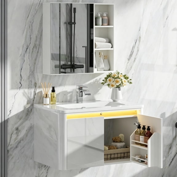 ANPOO 30 Inch Bathroom Vanity with Sink and Mirror Medicine Cabinet,Modern Floating Bathroom Storage Cabinet with 2 Soft Closing Door