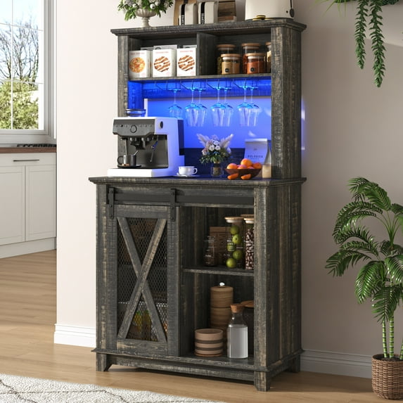 ANPOO 31.5"W Farmhouse Coffee Bar Cabinet Wine Rack and Storage, Tall Wine Bar Cabinet with 2 Tier Storage Hutch, Buffet Cabinet with LED Light and Glass Racks for Kitchen Dining Room