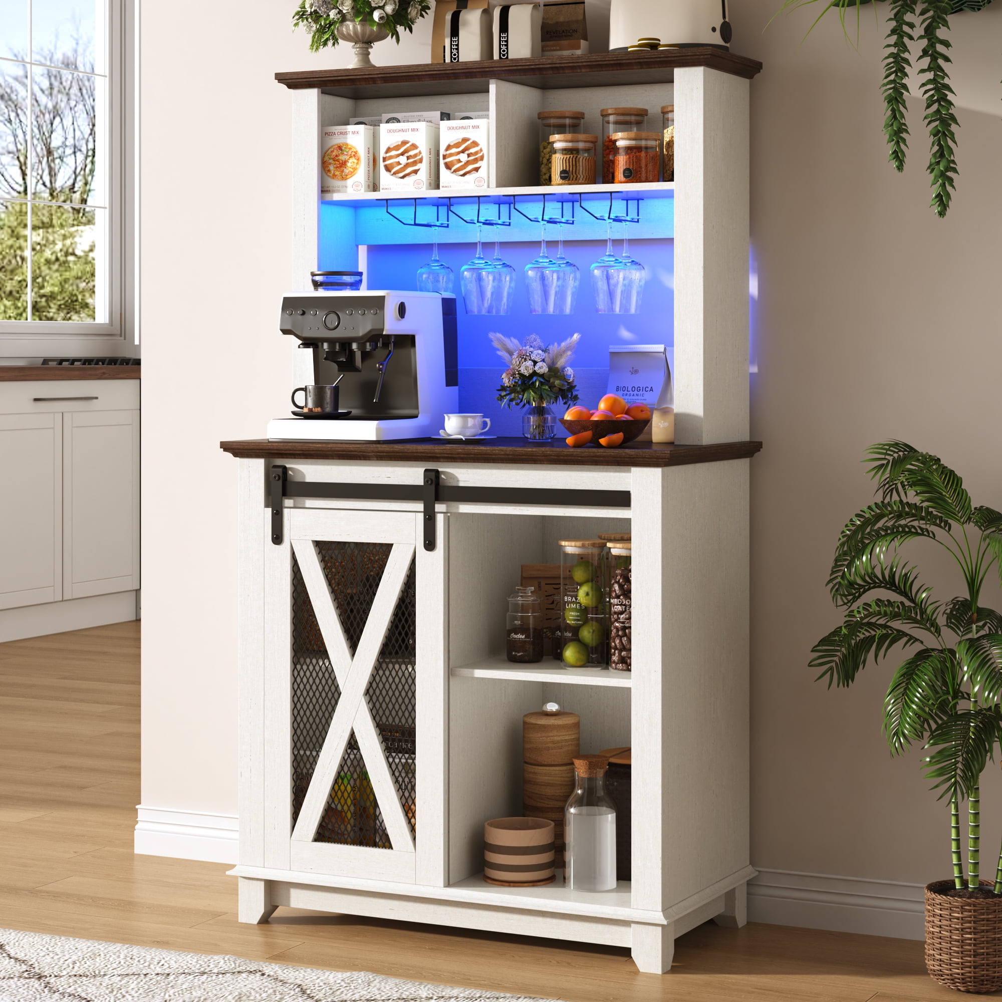 ANPOO 31.5"W Farmhouse Coffee Bar Cabinet Wine Rack and Storage, Tall Wine Bar Cabinet with 2 Tier Storage Hutch, Buffet Cabinet with LED Light and Glass Racks for Kitchen Dining Room