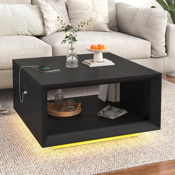 ANPOO 32" Minimalist Modern Square Coffee Table with LED Light & Power Outlet, 2-Tier Wood Mid Century Table with Storage for Living Room