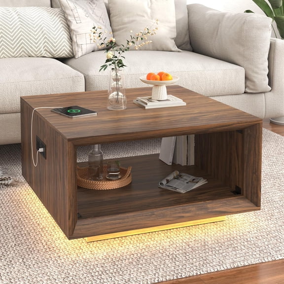 ANPOO 32" Minimalist Modern Square Coffee Table with LED Light & Power Outlet, 2-Tier Wood Mid Century Table with Storage for Living Room