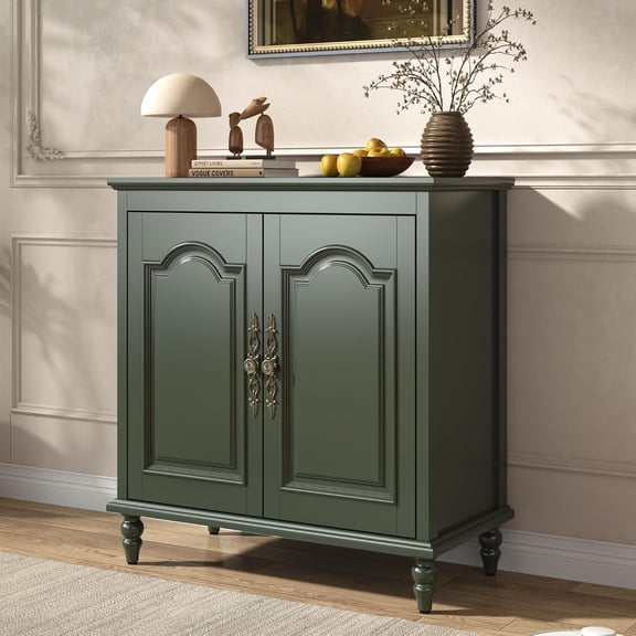 ANPOO 32" Modern Green Buffets Cabinet, Mid Century Sideboards with Adjustable Shelves & Paint Cabinet & Wood Carving Design & Brass Carved Handles and Solid Wood Gourd Legs