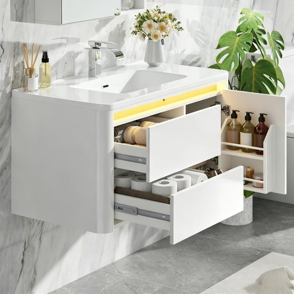 ANPOO 36 Inch Wall Mounted Bathroom Vanity with Sink and Mirror Cabinet,Modern Floating Bathroom Storage Cabinet with 2 Drawers and Soft Closing Door,White