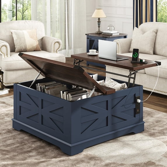 ANPOO 36" Movable Lift Top Coffee Table with Storage and Power Outlets, Farmhouse Square Coffee Table with Wheels & Large Hidden Space, Wooden Center Table for Living Room(Blue-Brown/36")