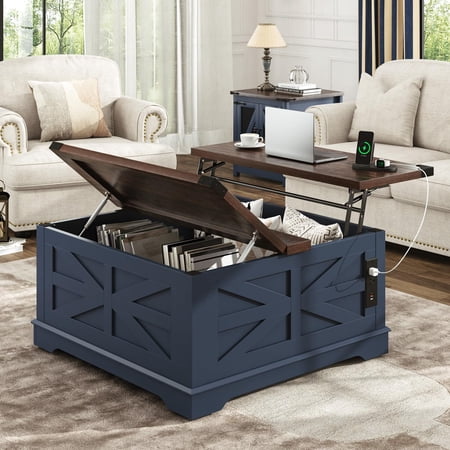 ANPOO 36" Movable Lift Top Coffee Table with Storage and Power Outlets, Farmhouse Square Coffee Table with Wheels & Large Hidden Space, Wooden Center Table for Living Room(Blue-Brown/36")