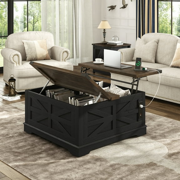 ANPOO 36" Movable Lift Top Coffee Table with Storage & Power Outlets, Farmhouse Square Coffee Table w/Wheels & Large Hidden Space, Wooden Center Table for Living Room(Black/36")