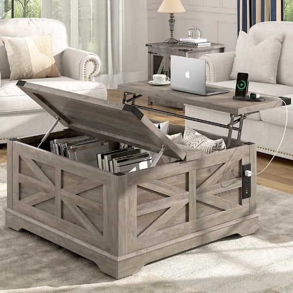 ANPOO 36” Square Lift Top Coffee Table with Power Outlets & Movable Wheels, Farmhouse Coffee Table w/Large Hidden Storage, Multi-Function Lift Wood Center Table for Home, Office,Rustic Gray