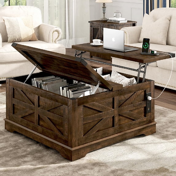 ANPOO 36” Square Lift Top Coffee Table with Power Outlets & Movable Wheels, Farmhouse Coffee Table w/Large Hidden Storage, Multi-Function Lift Wood Center Table for Home, Office,Rustic Brown