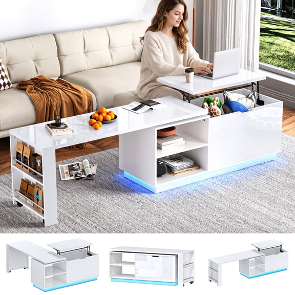 ANPOO 360°High Gloss Rotating Lift Top Coffee Table with LED Light, Modern Extendable Coffee Table with Hydraulic Lifter, Hidden Storage & Open Shelves, Multi-Functional Center Table for Living Room